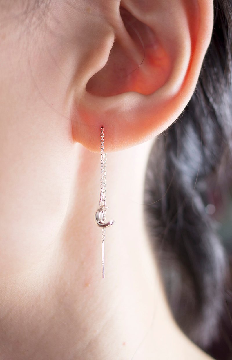 Fairy tale moon drop needle earrings single 1pc hand made 925 sterling silver - Earrings & Clip-ons - Sterling Silver Silver