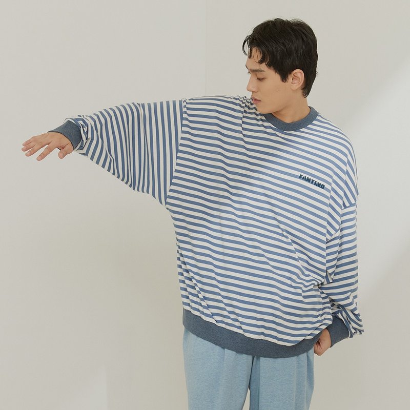 Horizontal stripes wide version long-sleeved home suit-sailor blue/UMORFIL collagen/homewear - ชุดนอน/ชุดอยู่บ้าน - ผ้าฝ้าย/ผ้าลินิน สีน้ำเงิน