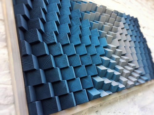 ShepitWorkshop Wood Wall Art - Geometric Blue Gray Modern Art - 3D Sound Diffuser