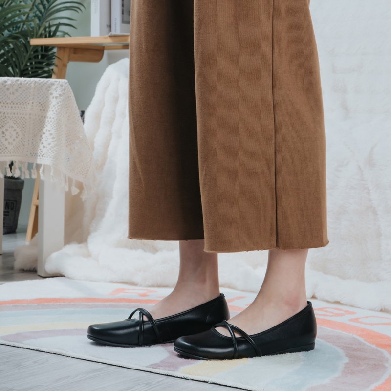 【Elegant Demeanor】MIT Elegant Lady Shoes. Genuine Leather. Deep Black 7520 - รองเท้าบัลเลต์ - หนังแท้ สีดำ