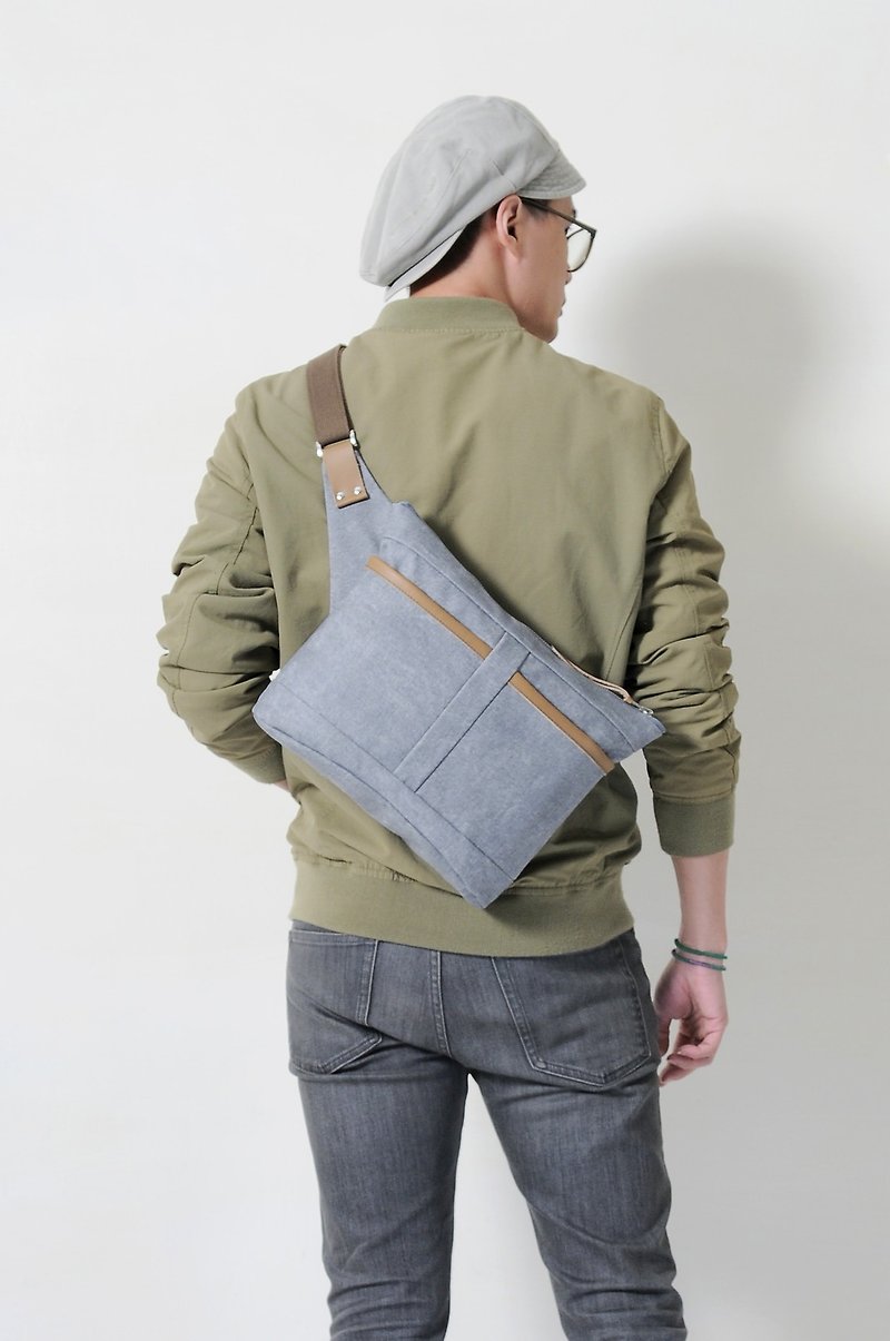 New Year's gift BUD-hand made leather canvas oblique side back / tablet / purse - กระเป๋าแมสเซนเจอร์ - ผ้าฝ้าย/ผ้าลินิน สีเทา