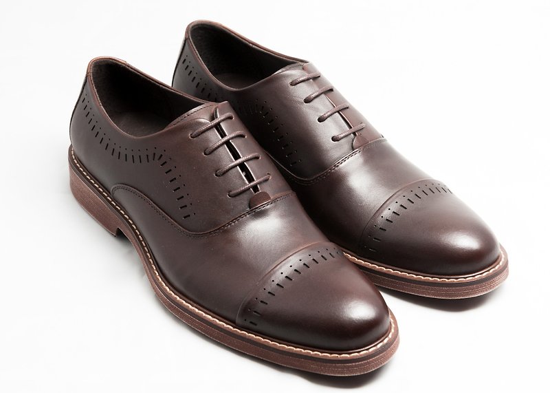 LMdH hand-painted calf leather cushion outsole Capetou carved Oxford leather shoes-brown - รองเท้าอ็อกฟอร์ดผู้ชาย - หนังแท้ สีนำ้ตาล