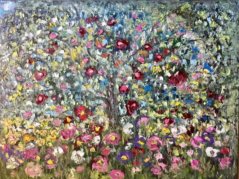 Apple tree original oil painting on large canvas - 壁貼/牆壁裝飾 - 其他材質 紅色