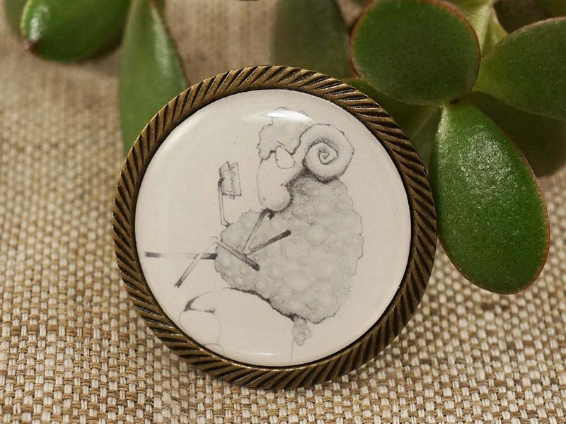 Cute Sheep Aries Gray White Round Handmade Jewelry Brooch Pin Gift for Aries - Brooches - Other Materials White