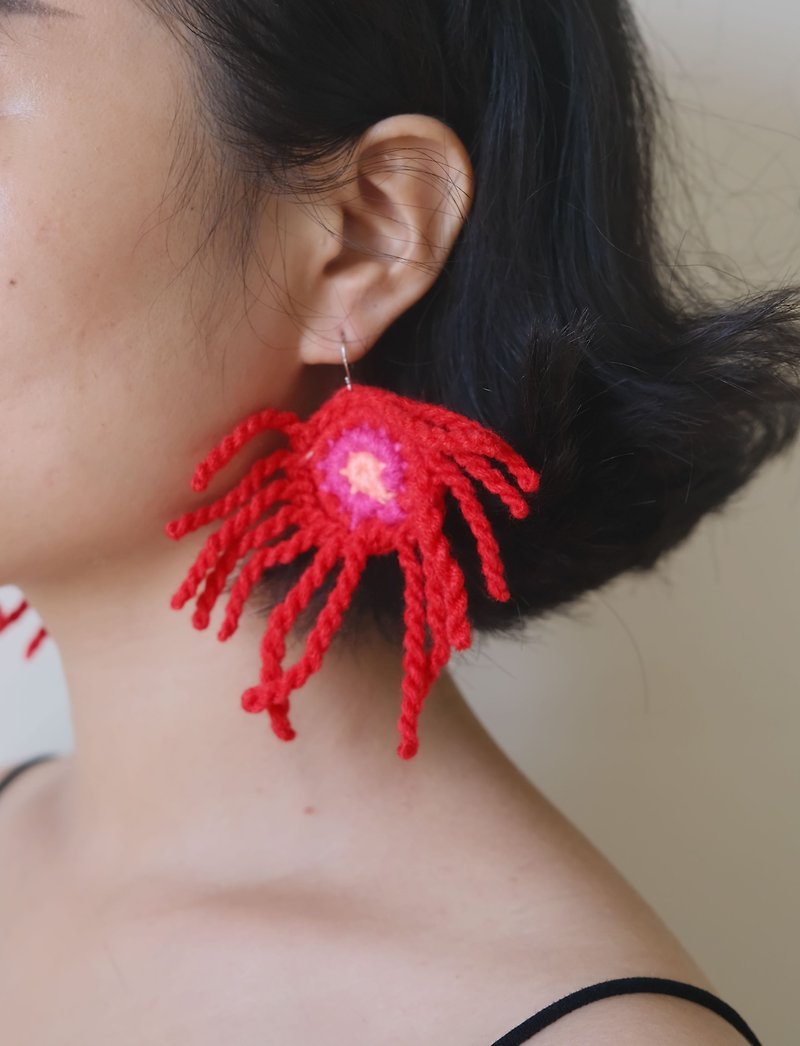 Crochet Octopus Metamorphosis Earrings and Ear Hooks - Earrings & Clip-ons - Other Materials Red
