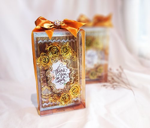艾朵兒 adorer design 古典金玫瑰 緞帶永生花 手工卡片禮盒 (聖誕節 情人節)