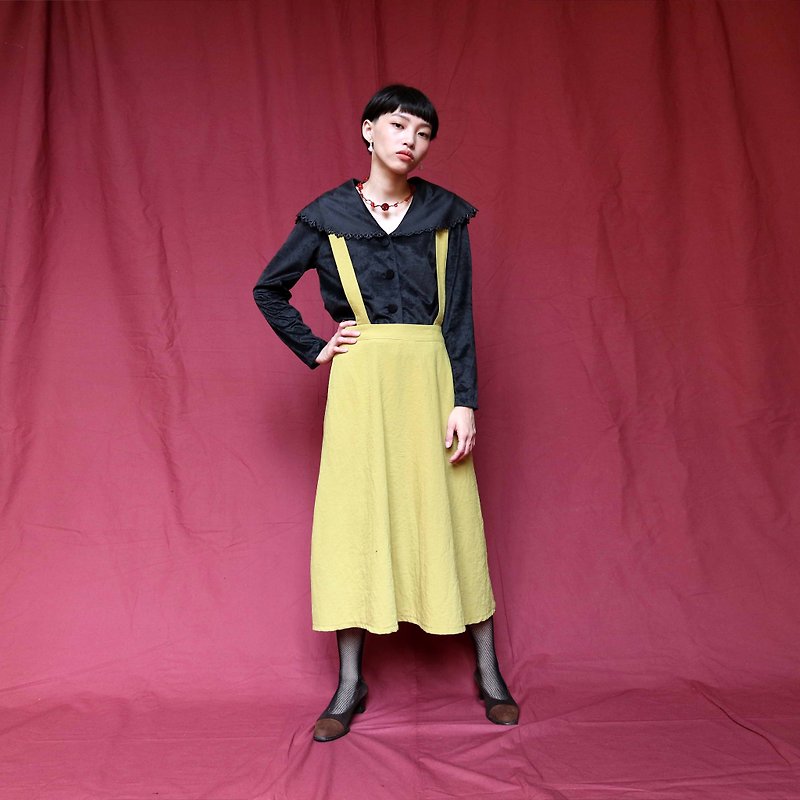 Pumpkin Vintage. Ancient mustard green cotton suspender dress - กระโปรง - ผ้าฝ้าย/ผ้าลินิน 