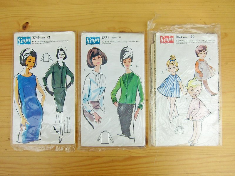 60s Finnish retro and graceful clothing pattern x3 set - Wood, Bamboo & Paper - Paper Pink