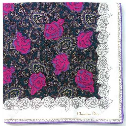 orangesodapanda Christian Dior Vintage Handkerchief Floral Pink Roses 19 x 19 inches