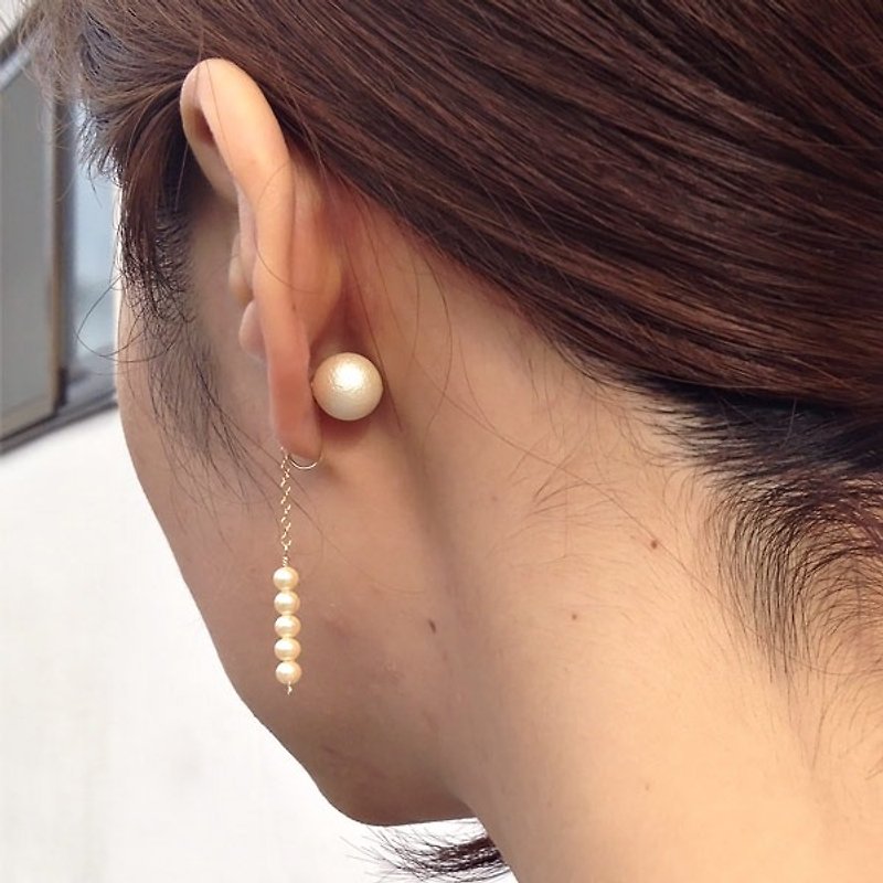 2 way 14 kgf vintage glass pearl × pearl catch ear clip ear notch - Earrings & Clip-ons - Glass White