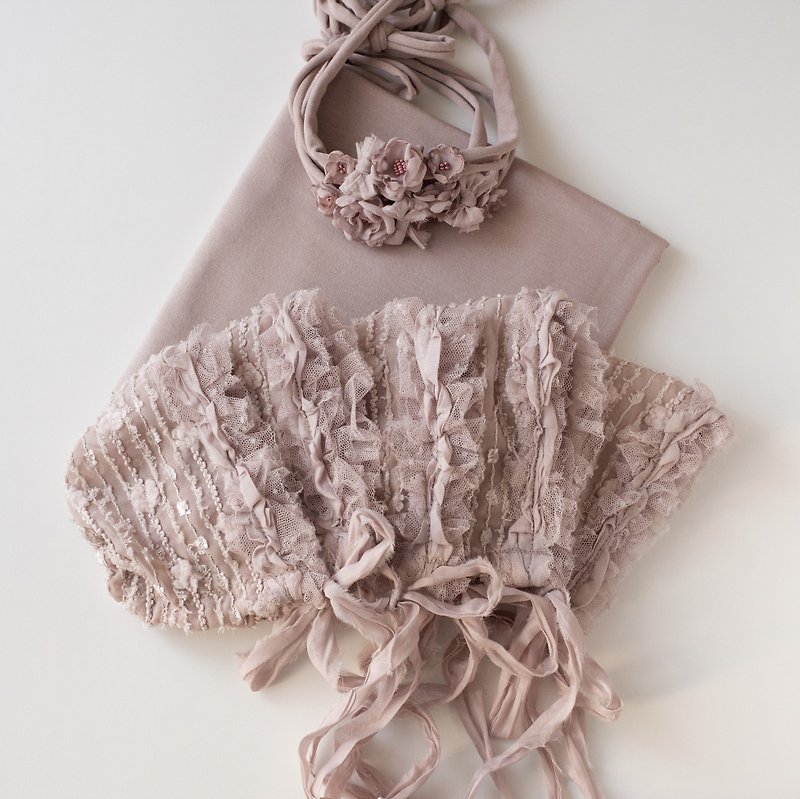 Newborn photo prop set: lace bonnet, headband, wrap - Baby Accessories - Polyester Pink