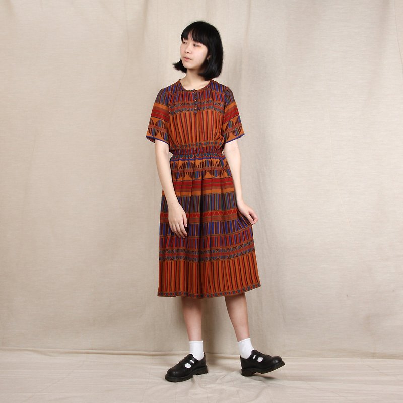 [Date] egg plant vintage Sun printed short-sleeved vintage dress - One Piece Dresses - Polyester Multicolor