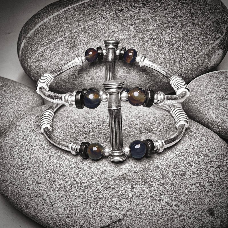 Mongolian Dzi Bead/Egyptian Column Silver Double Ring Bracelet - สร้อยข้อมือ - เครื่องประดับพลอย 