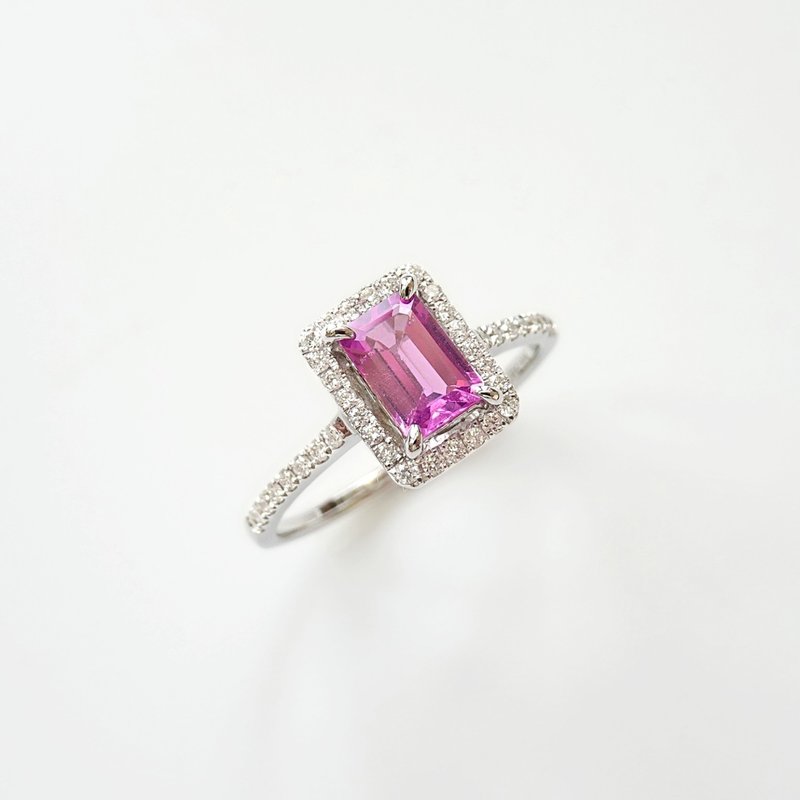 Natural Pink Sapphire Emerald-cut Diamond Halo 18K White Gold Ring JSR21 - แหวนทั่วไป - เครื่องเพชรพลอย สึชมพู