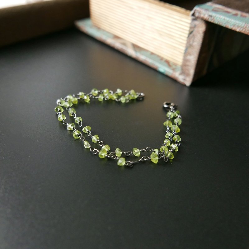 [Lalune] August birthday stone - micro-luxury hand-made olive lime black 925 sterling silver double-stranded bracelet S ~ M - Bracelets - Gemstone Green