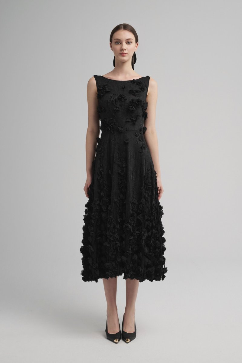 Stéphanie午夜花園貼花蕾絲洋裝 - 洋裝/連身裙 - 其他人造纖維 黑色