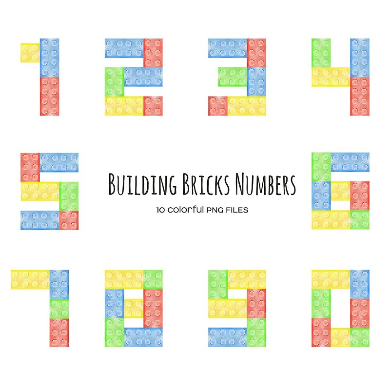 Watercolor Plastic Building Bricks Numbers Digits 0-9 - Illustration, Painting & Calligraphy - Other Materials Multicolor