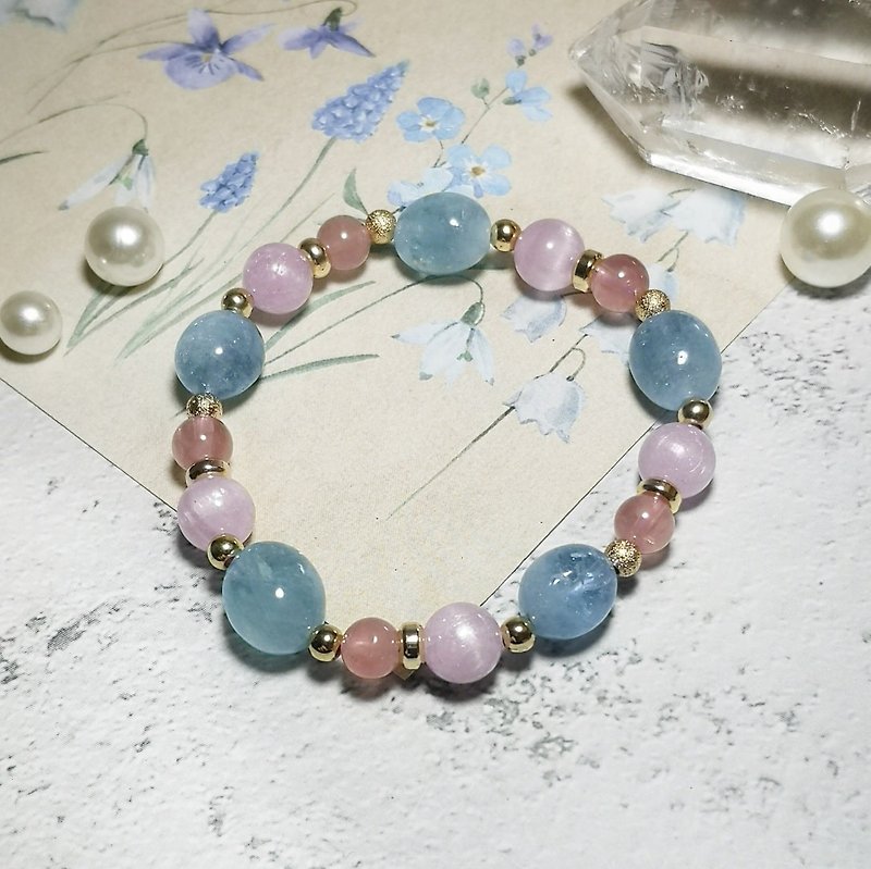 Aquamarine Rose Quartz Kunzite  bracelet - สร้อยข้อมือ - คริสตัล สึชมพู