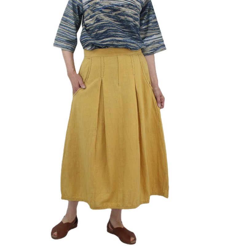 Indian cotton, linen mix, vegetable dyed, stone washed balloon skirt - กระโปรง - ผ้าฝ้าย/ผ้าลินิน สีเหลือง