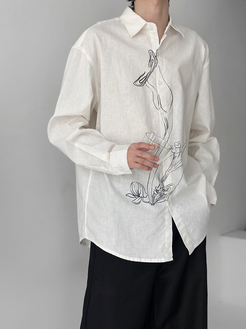 New Chinese style minimalist Linen and linen ink print shirt - เสื้อเชิ้ตผู้ชาย - วัสดุอื่นๆ ขาว