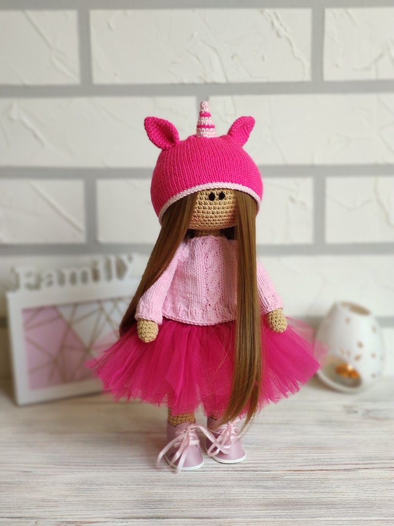Crochet doll Girl Unicorn in ballet tutu amigurumi toy Knit toy Stuffed doll - ของเล่นเด็ก - ผ้าฝ้าย/ผ้าลินิน สึชมพู