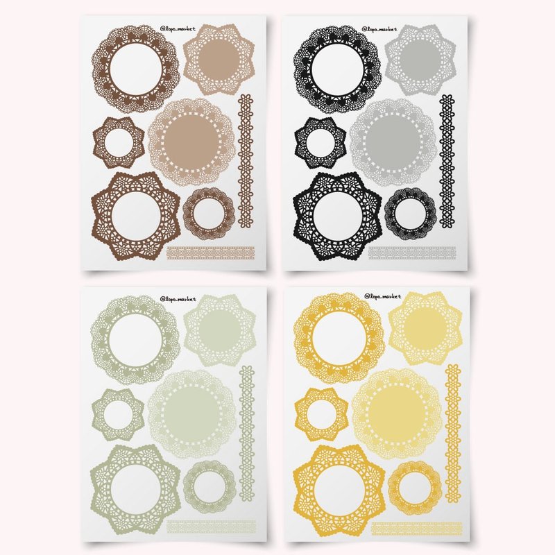Antique Lace Doily (Big & Small) Stickers 4 colors, 1 set, 20 sheets included - 貼紙 - 紙 
