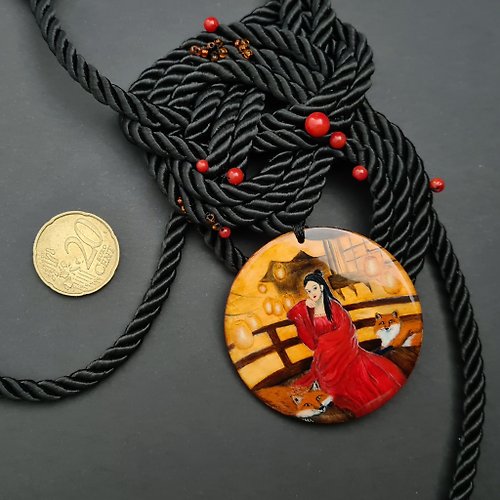 手繪飾品 Kitsune necklace real oil painting miniature on jasper One of a kind Present OOA