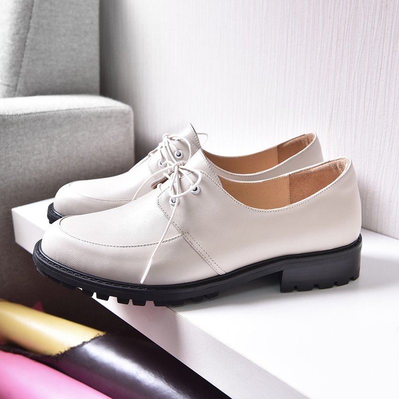 Off-white leather lace-up wide-last thick-soled loafers - Women's Oxford Shoes - Genuine Leather White