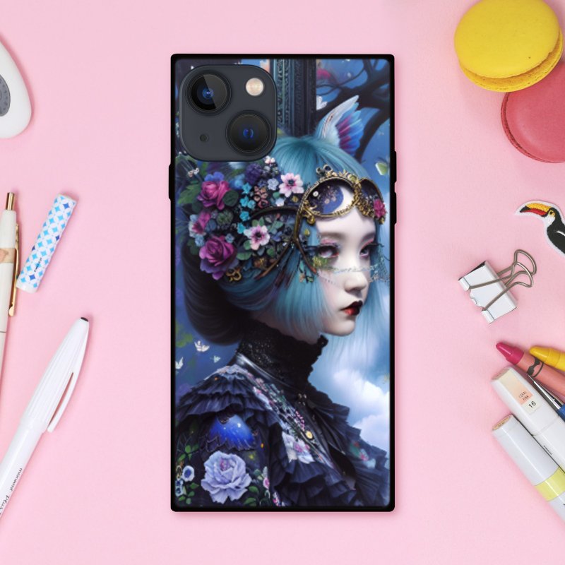 A cute witch with dark gothic clothes, glittering bird ears, and ornaments and flower lover. Square smartphone case [tempered glass finish] Compatible with iPhone 16 - เคส/ซองมือถือ - พลาสติก หลากหลายสี