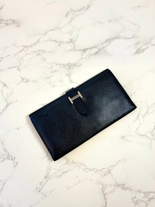 LA LUNE Vintage 日本鑑證古董品選物店 【絕版古董包】中古二手Hermes黑銀色皮革Bearn長夾錢包小手拿袋