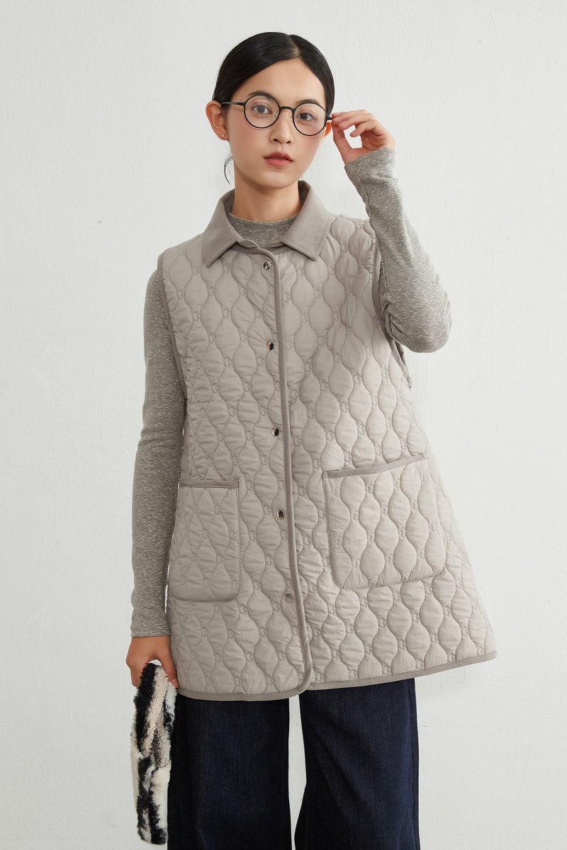 ミニキノコ柄両面キルティング・衿付き中綿ロングベスト - 背心/無袖上衣 - 聚酯纖維 灰色