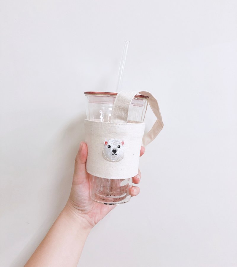 【小熊比比】白熊刺繡米白飲料杯袋 杯套 - 飲料提袋/杯套 - 棉．麻 白色