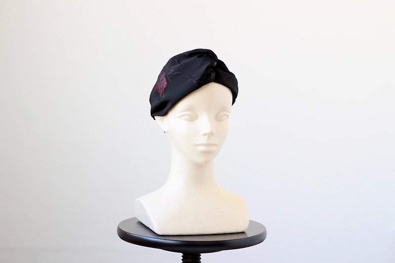 black twist headband, turban, embroidered turban - 髮帶/頭箍 - 絲．絹 黑色