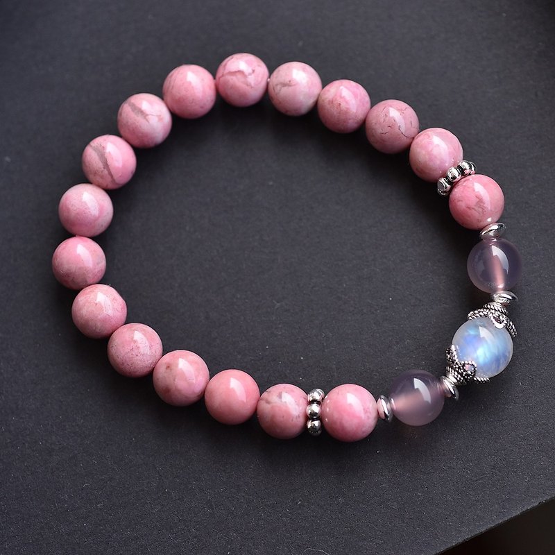Pink Rose Pyridon + Moonstone + Purple Chalcedony Silver Bracelet - Bracelets - Gemstone Pink