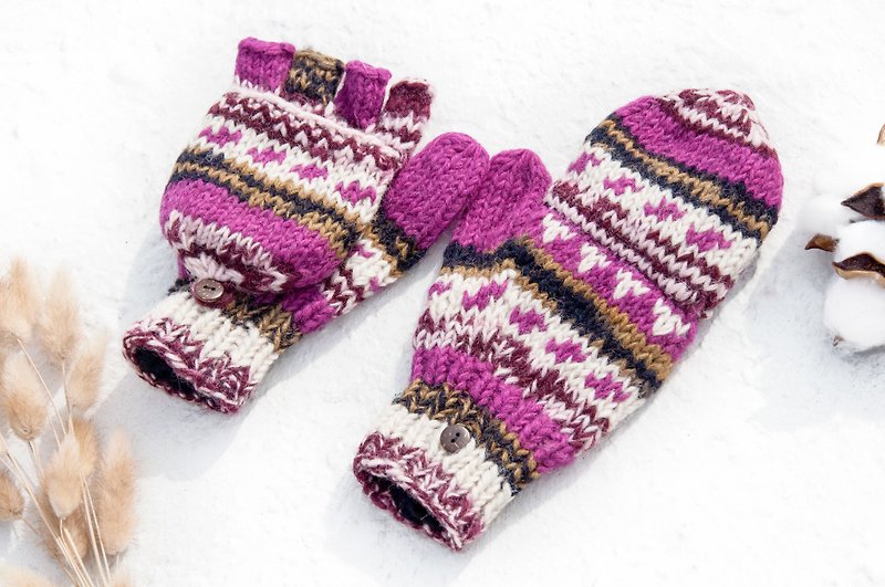 Hand-knitted pure wool knit gloves / detachable gloves / inner bristled gloves / warm gloves - Nordic rainbow - ถุงมือ - ขนแกะ หลากหลายสี