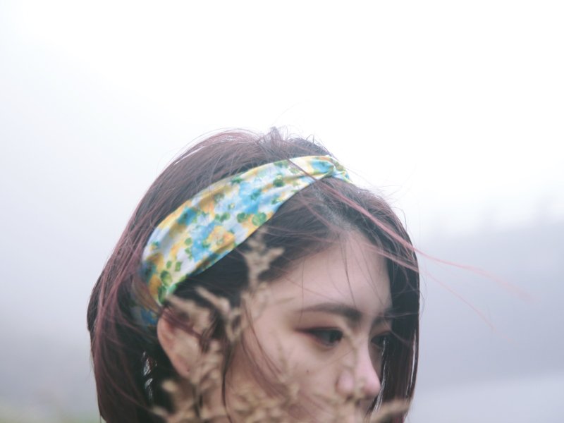 春／水染罌粟花／美國軟細支棉／手工十字鬆緊髮帶 - 髮夾/髮圈 - 棉．麻 藍色