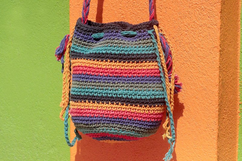 Natural Cotton Crochet Tassel Crossbody Bag / Backpack / Side Backpack / Shoulder Bag / boho-Rainbow Stripe - Messenger Bags & Sling Bags - Cotton & Hemp Multicolor
