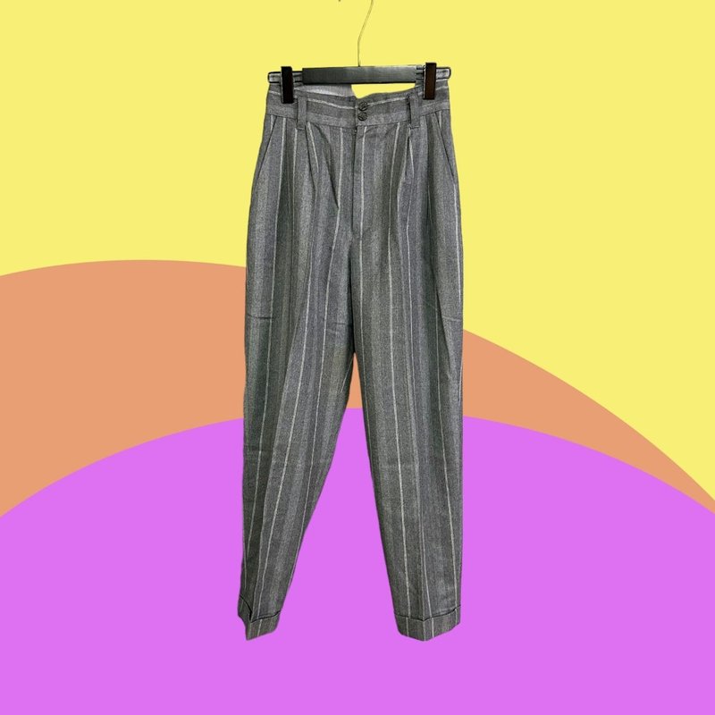 Second-hand gray long striped thin wool pocket high waist trousers CA320 - กางเกงขายาว - เส้นใยสังเคราะห์ สีเทา