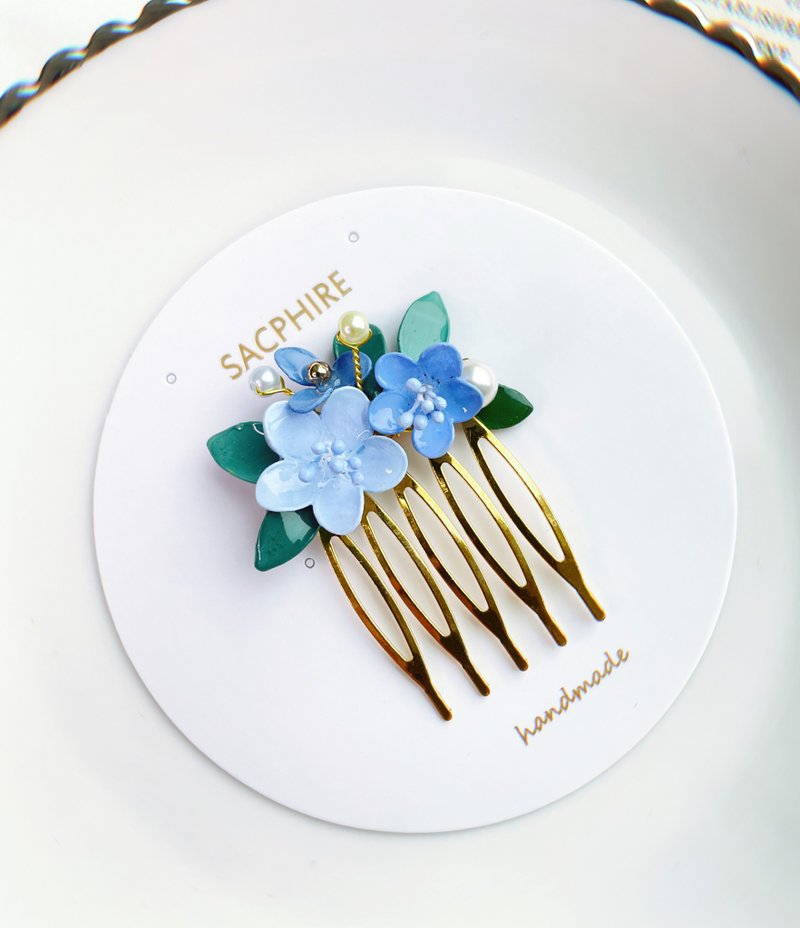 Denim blue floral hair comb elegant and romantic - Hair Accessories - Other Materials Blue