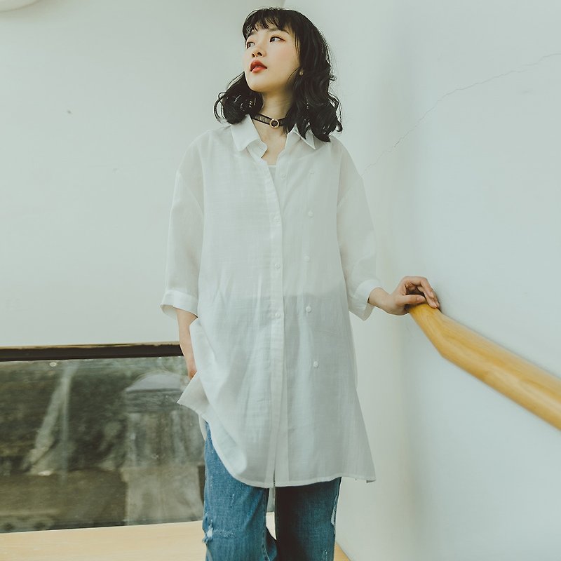 安妮陳2018夏裝新款文藝女裝純色雙排扣系帶襯衫 - 恤衫 - 其他材質 白色