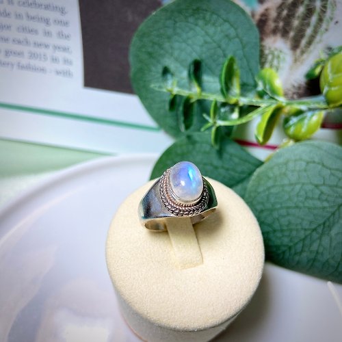 Forge Jewelry 打鐵所飾品 僅一個可調式 手工天然月光石 925純銀寬雙麻繩感編織 拉長銀戒指