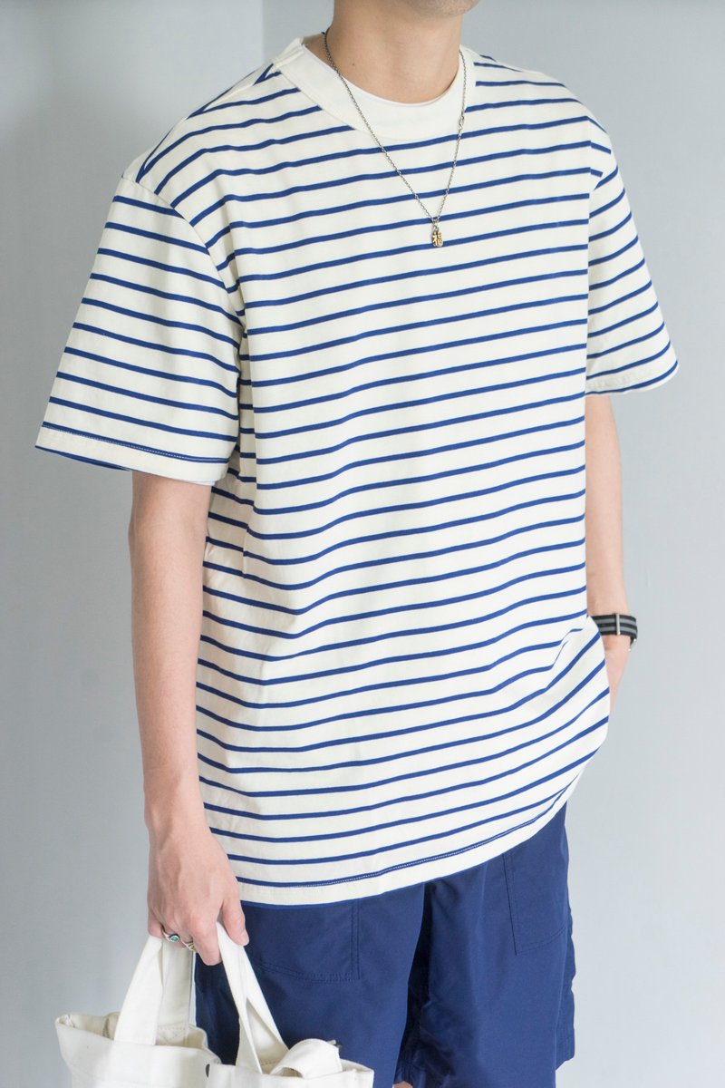 棉．麻 男 T 恤 藍色 - Basic Wear 夏季日繫條紋 T-shirt  重磅面料休閒百搭日常穿著