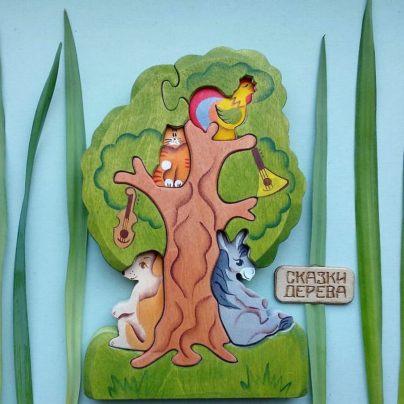 【嚴選禮物】淳木童話 俄羅斯積木 : 布萊梅音樂家在樹上 - 嬰幼兒玩具/毛公仔 - 木頭 綠色