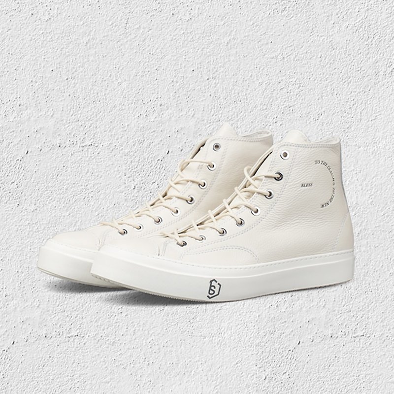 Handmade classic white leather high-top casual shoes small white shoes - รองเท้าลำลองผู้ชาย - สี ขาว