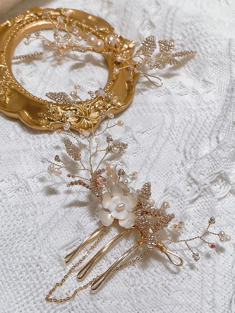 Lune Lapin Handmade Bridal Freshwater Pearl Hair Accessories Hair Comb Headdress - เครื่องประดับผม - ไข่มุก สีทอง