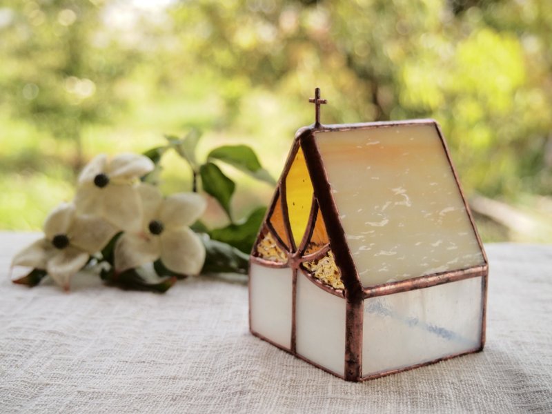 Chapel　聖夜に輝くミモザ　　　 LEDキャンドル専用キャンドルホルダー・ステンドグラス - 燈具/燈飾 - 玻璃 黃色