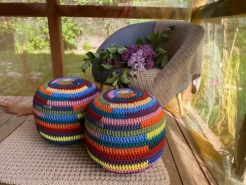 Rufiki-Masters Multicolor ottoman pouf crochet Stuffed pouf Unique round pouffe
