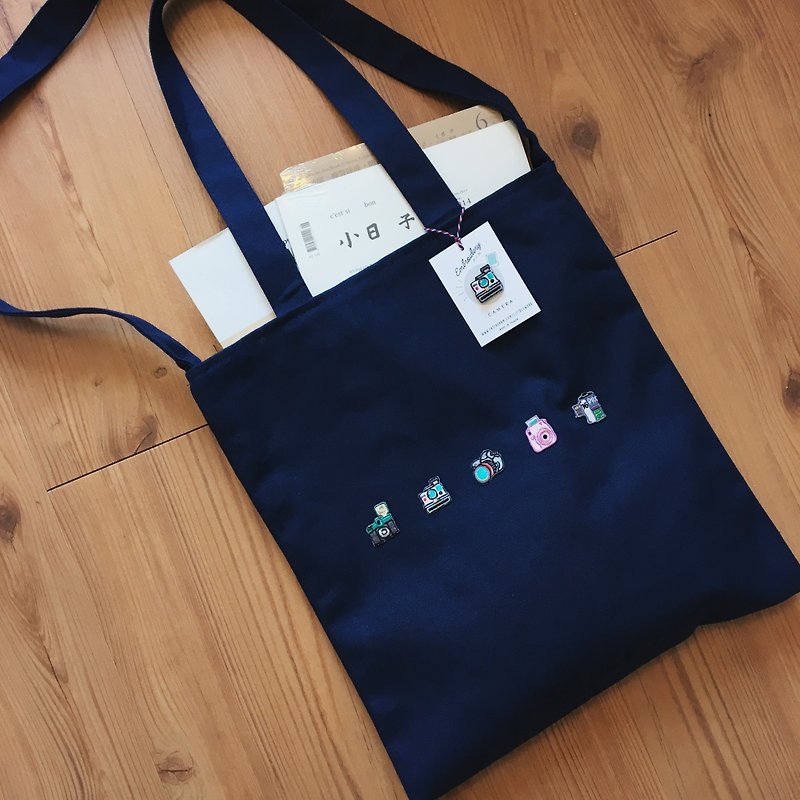 Embroidery Canvas bag  | Camera(with a badge of your choice) | Littdlework - Messenger Bags & Sling Bags - Cotton & Hemp Blue