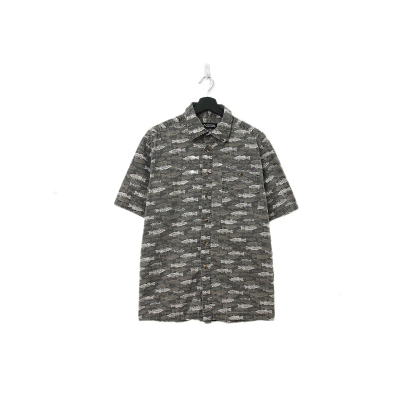 Back to Green-魚圖騰短袖襯衫 灰綠 魚重影 ff-03 vintage shirt - 男襯衫/休閒襯衫 - 棉．麻 