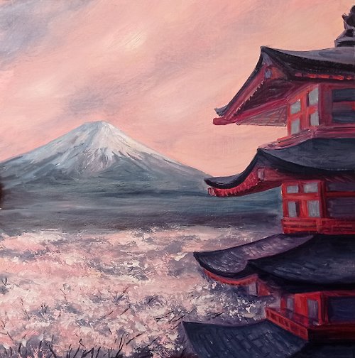 PaintingsFromIrina Mount Fuji Painting, Japanese Cherry, Original Painting, Blossom Sakura 富士山 桜